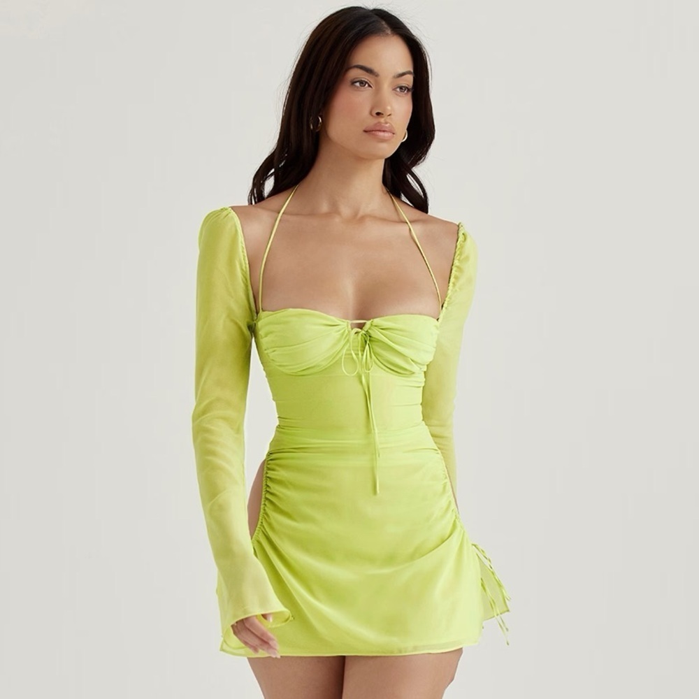 Nwt House Of Cb Baby Lime Green Chiffon Cutout Halter Long Sleeve Mini Dress
